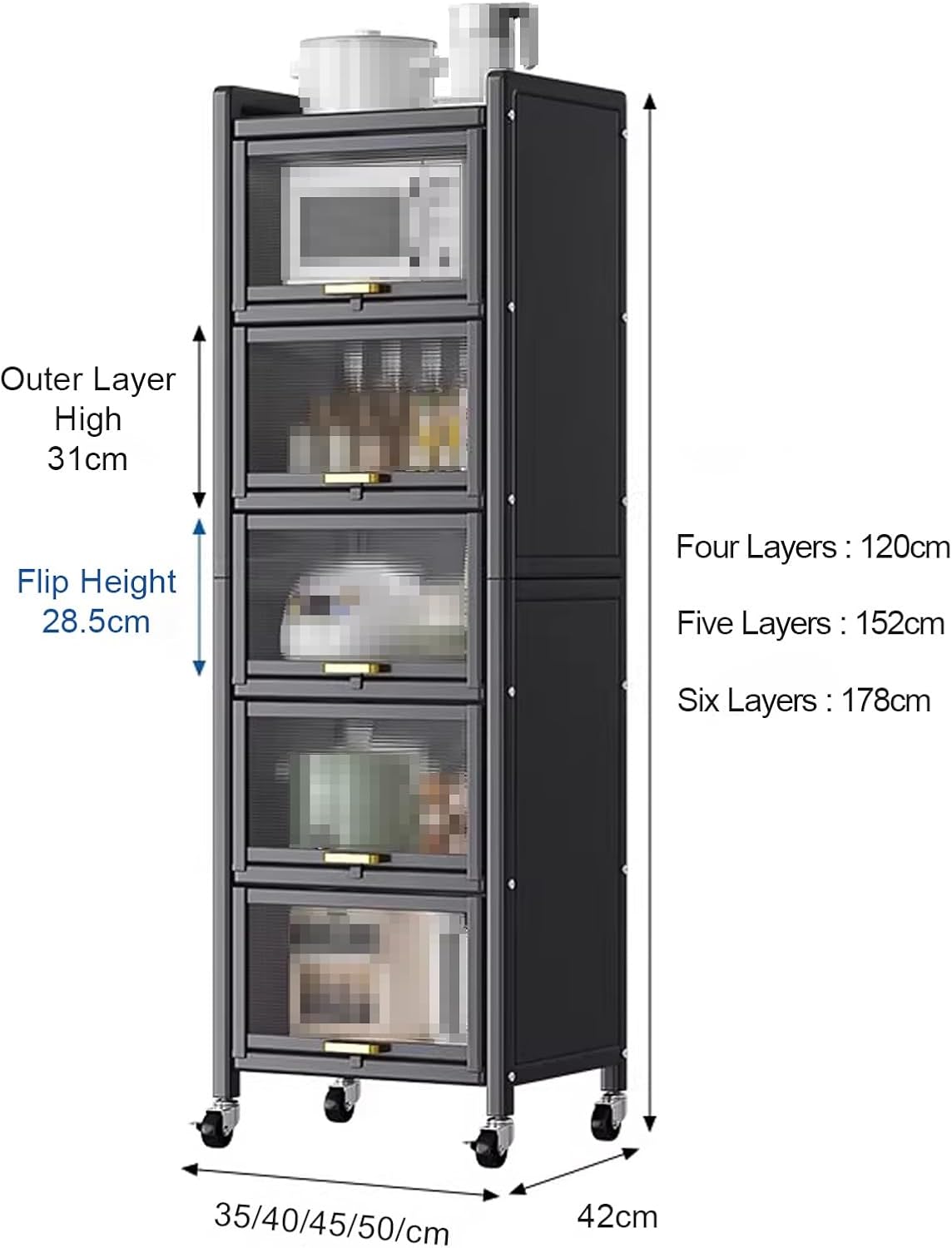 Kitchen Storage Cabinets, Minimum Footprint is Only 35cm Wide, Carbon Steel Kitchen Shelves with Transparent Flip Door, for Kitchen Dining Living(Gray,45 * 42 * 152cm)