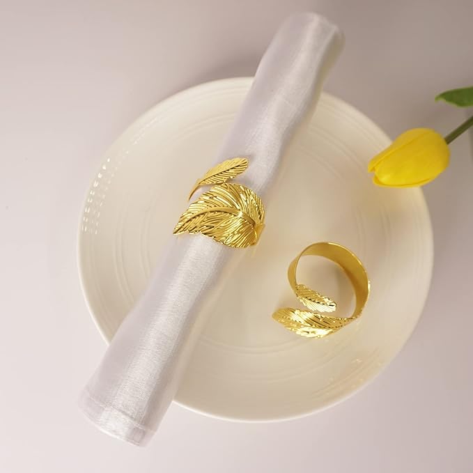 Gold Leaf Napkin Rings Set of 12, Leaves Napkin Rings for Table Setting, Metal Leaf Napkin Holder Rings for Holiday Party,Wedding, Banquet, Formal or Casual Dinning Table Decor (Bright Gold)