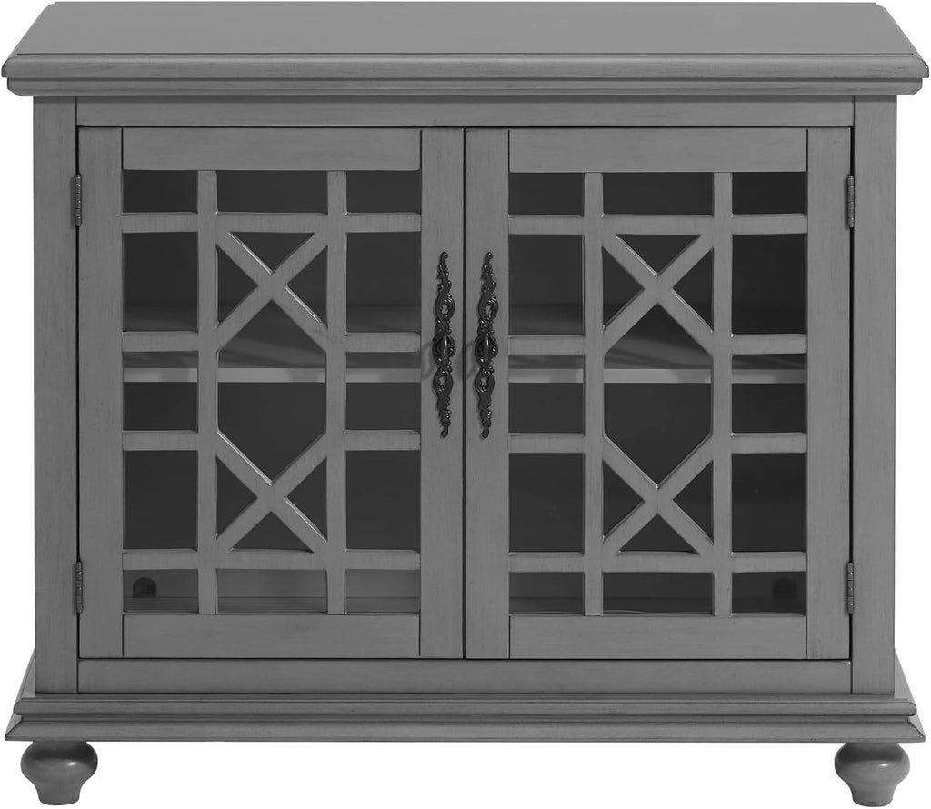 Martin Svensson Home Elegant Small Spaces Accent Cabinet, Gray | Solid Wood, Glass Doors, Vintage Sideboard, Small TV Stand for Living Room or Entryway, Turned Bun Feet, Adjustable Shelf
