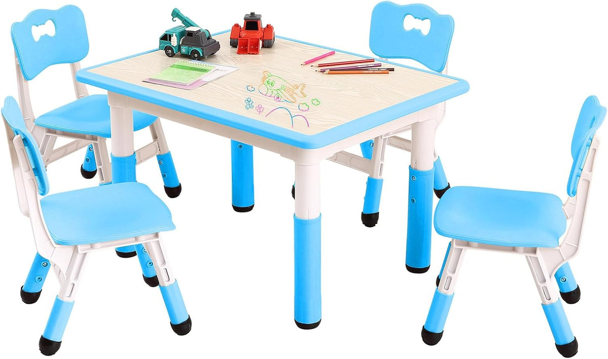IDEALHOUSE Height-Adjustable Kids Table & Chairs Set (5-Piece) - Activity Table with 4 Chairs, Graffiti-Style Writable Desktop, Non-Slip Legs, Easy-Wipe Surface, Ages 2-10, Blue