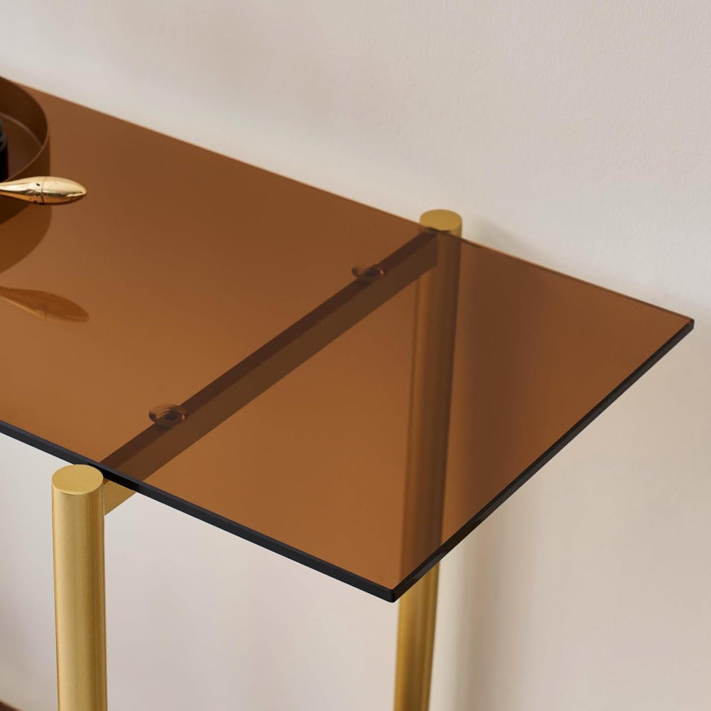 LumFurn Glass Console Table for Living Room, Foyer & Entrance, 2-Tiers Mid-Century Modern Sofa Table with Amber Glass Top, Walnut Finish Wood Shelf and Gold Finish Frame