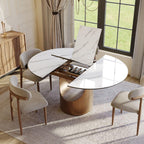 POVISON Modern Extendable Dining Table for 4-6, 47" to 63" Round to Oval Sintered Stone Kitchen Table with Carbon Steel Base, Mid-Century Dinner Tables for Dining Room, Glossy White（Table Only）