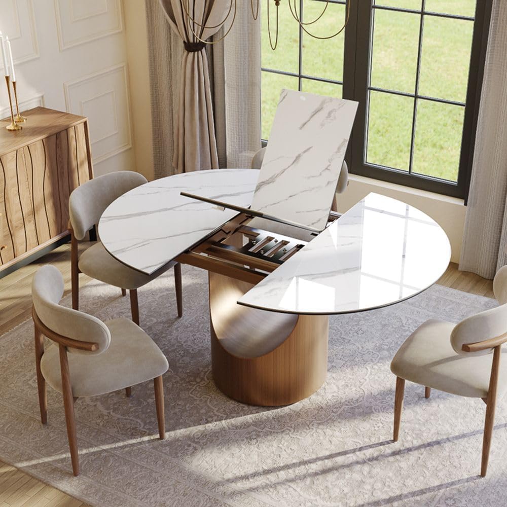 POVISON Modern Extendable Dining Table for 4-6, 47" to 63" Round to Oval Sintered Stone Kitchen Table with Carbon Steel Base, Mid-Century Dinner Tables for Dining Room, Glossy White（Table Only）