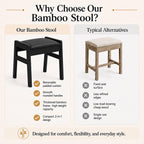 BAMBOOHOMIE Foot Stool Ottoman, Modern Vanity Stool Chair for Makeup with Removable Cushion & Side Handles, Bamboo Ottoman for Living Room Bedroom Office, Small Foot Rest for Couch (Black - Black)