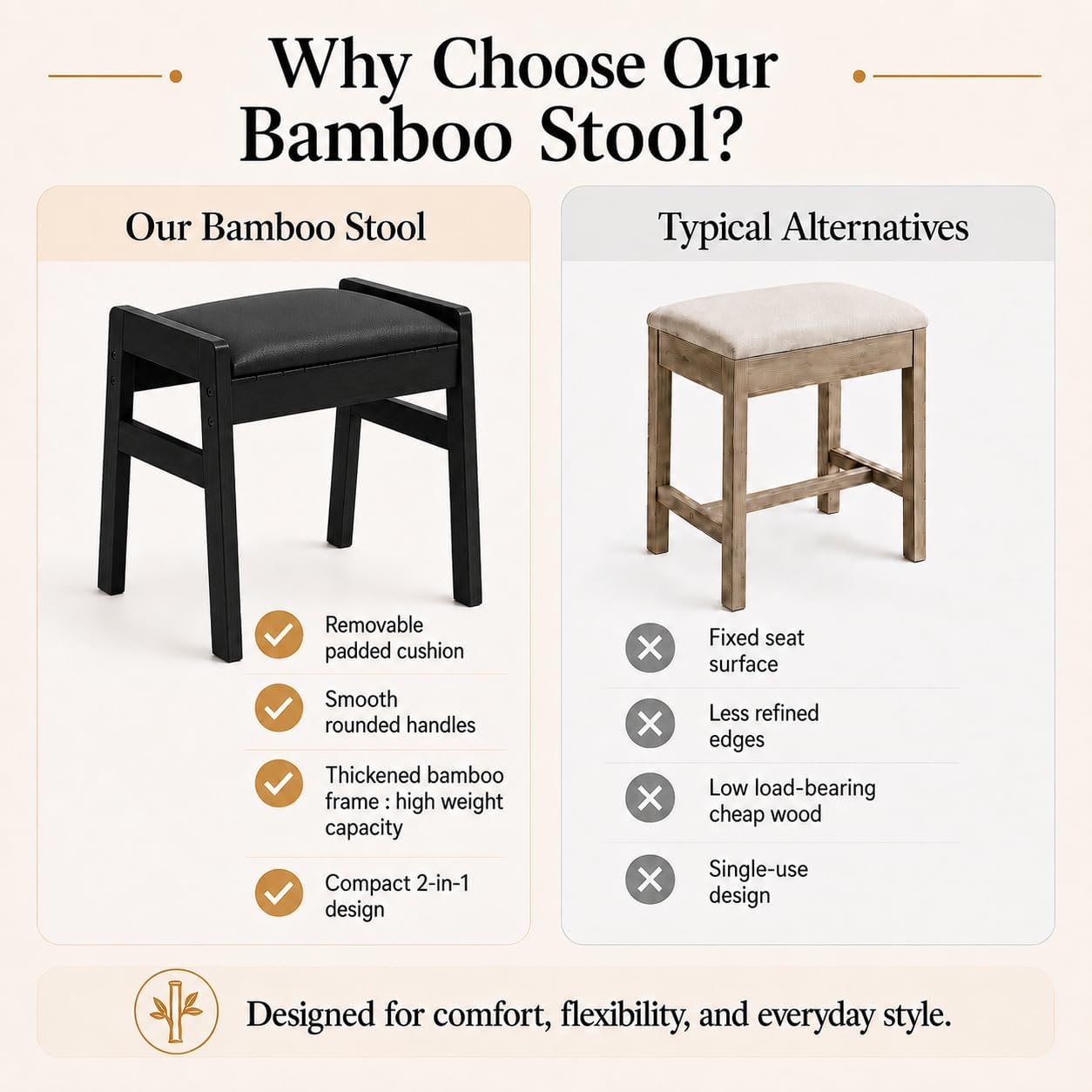 BAMBOOHOMIE Foot Stool Ottoman, Modern Vanity Stool Chair for Makeup with Removable Cushion & Side Handles, Bamboo Ottoman for Living Room Bedroom Office, Small Foot Rest for Couch (Black - Black)