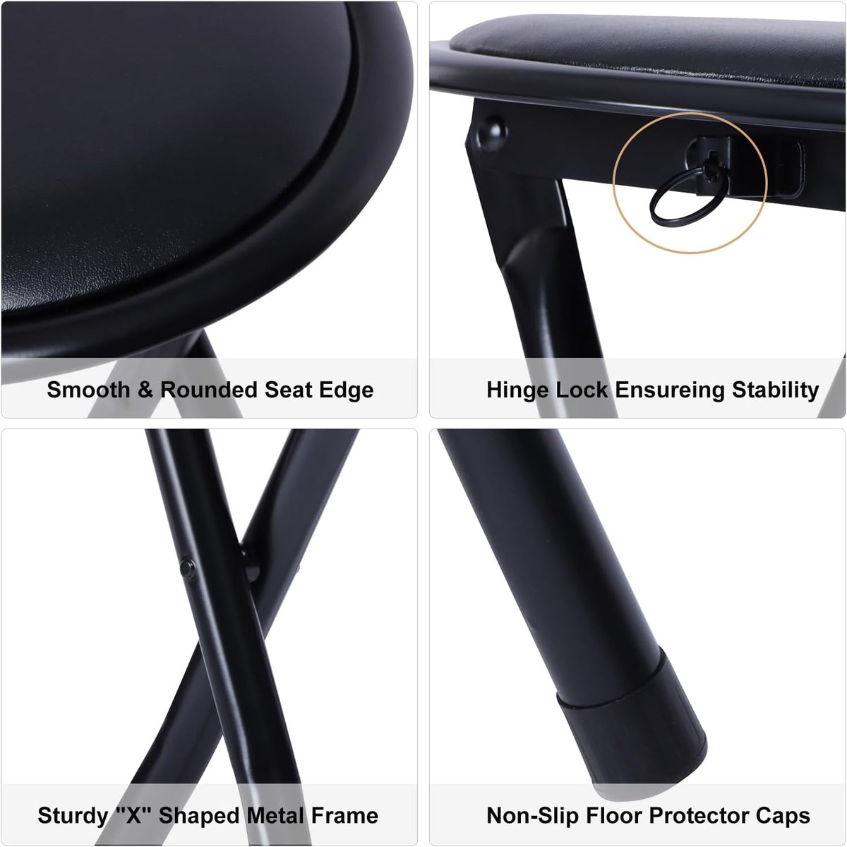 FurnitureR 18" Folding Stool, Portable Round Padded Seat, Backless Collapsible Metal Stool, Compact Extra Seating for Indoor Outdoor, Gift-Ready, No Assembly, Black