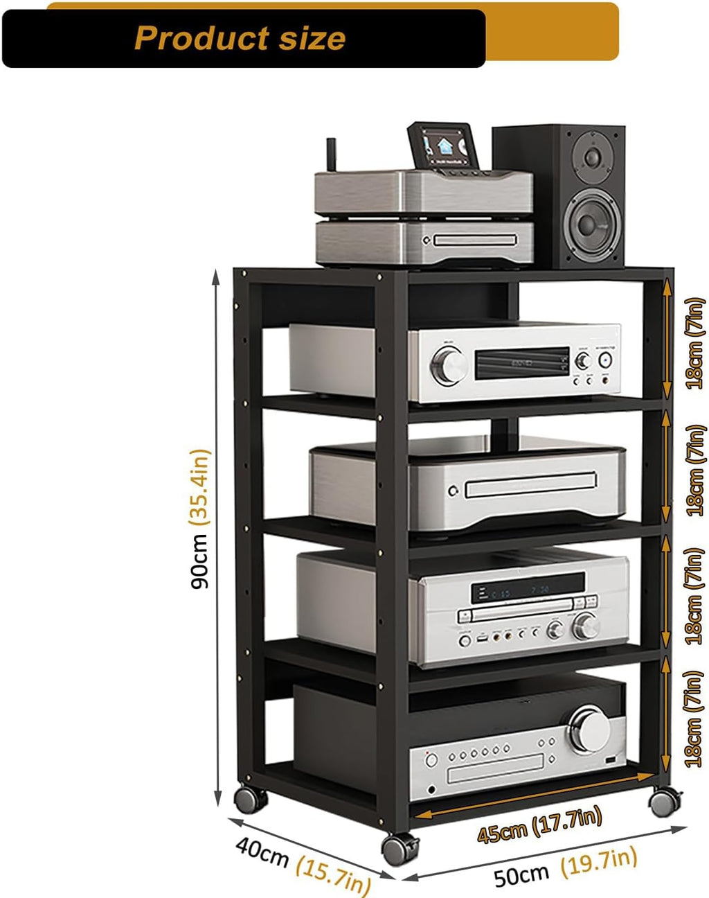 5 Tier AV Media Stand, Audio Rack Tower Stereo Components Cabinet | Home Theatre CD Record Player Stereo Receiver Equipment Rack with Adjustable Wood Shelves, Load 220lbs (Black)