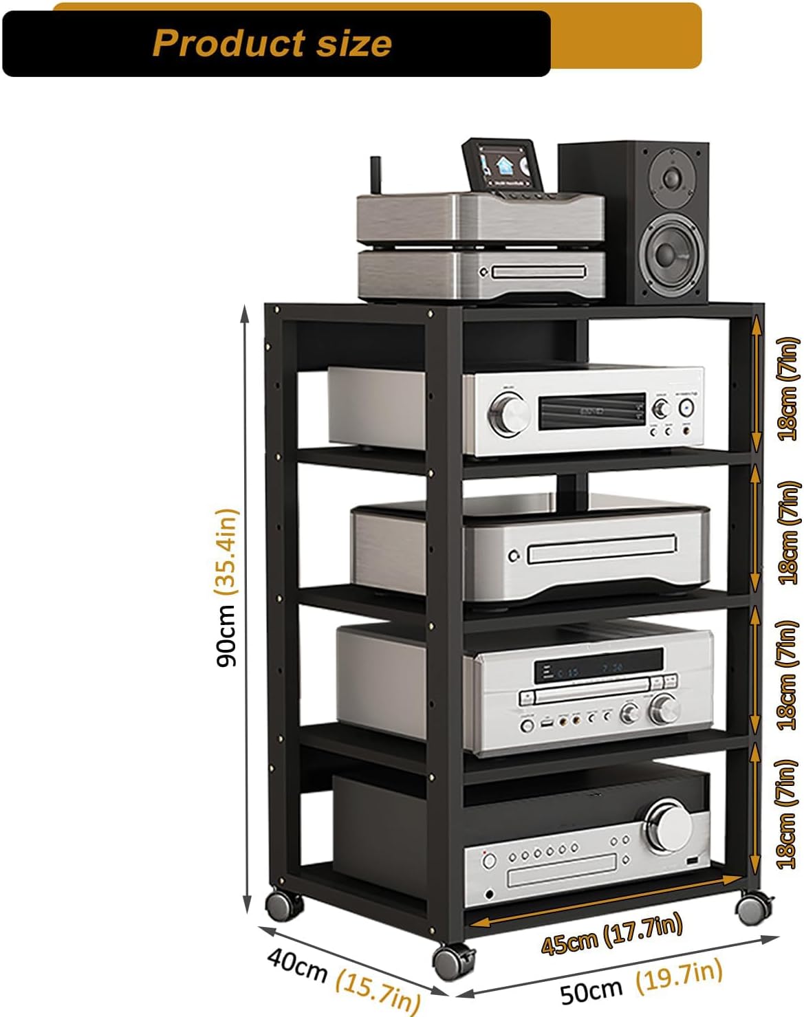 5 Tier AV Media Stand, Audio Rack Tower Stereo Components Cabinet | Home Theatre CD Record Player Stereo Receiver Equipment Rack with Adjustable Wood Shelves, Load 220lbs (Black)