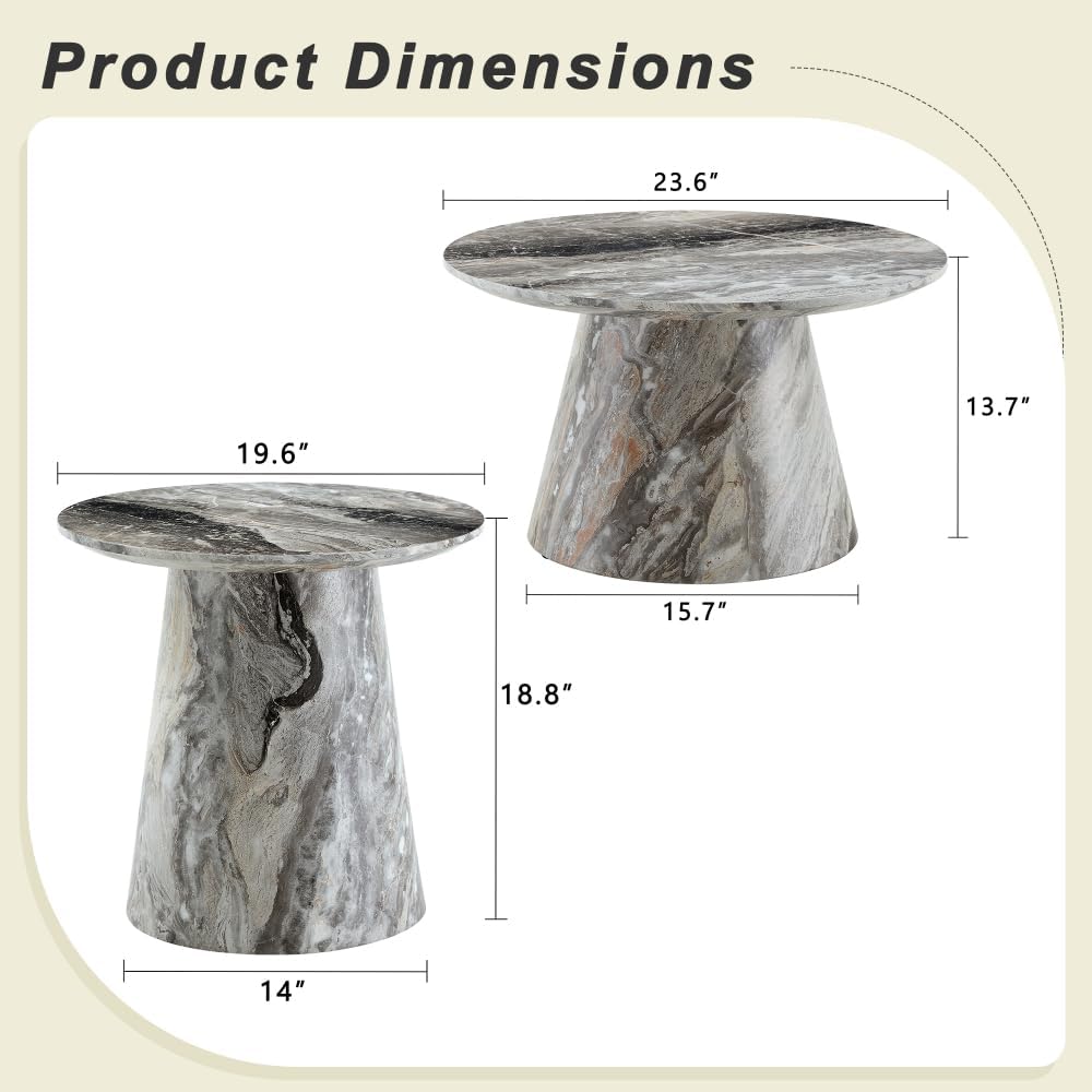Nesting Coffee Table Set, Gray Veneer Round Tables, Mid-Century Modern | Round Coffee and Side Table Set for Living Room or Office with Space-Saving Nested Design and Gray Veneer Finish