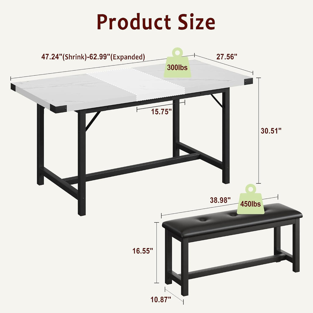 Garvee 63 in Extendable Dining Table Set for 4-6 People, 3-Piece Kitchen Table Set with 2 Upholstered Benches, Farmhouse Dining Room Table Set for Kitchen, Living Room, Apartment, Marble White