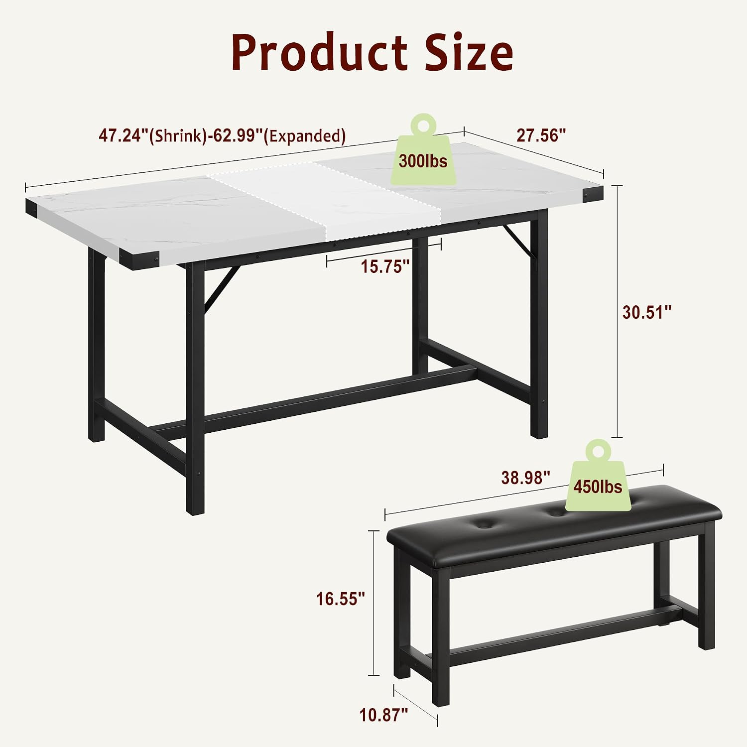 Garvee 63 in Extendable Dining Table Set for 4-6 People, 3-Piece Kitchen Table Set with 2 Upholstered Benches, Farmhouse Dining Room Table Set for Kitchen, Living Room, Apartment, Marble White