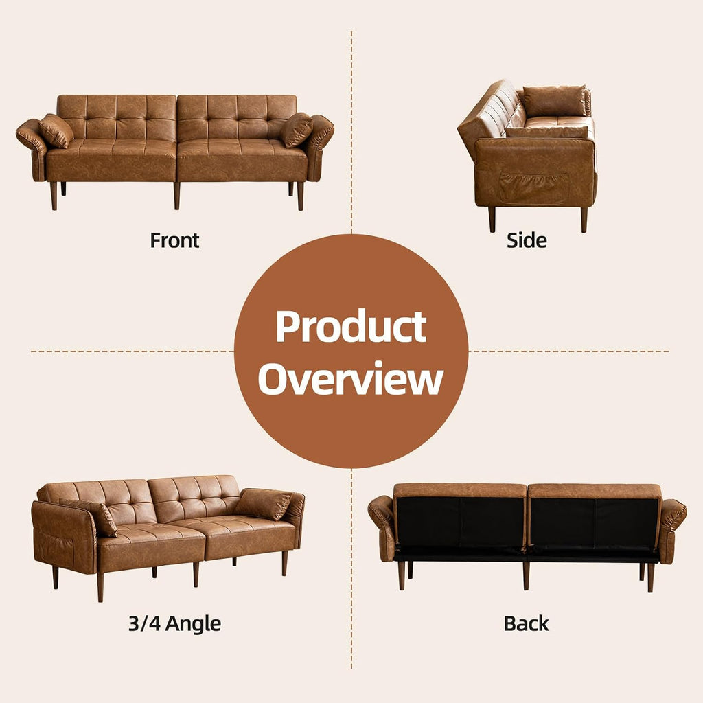 HALLYBEE 85" Futon Faux Leather Couch with Adjustable Armrests Brown | Futon Sofa Bed, Sleeper Sofa, Small Couch with Pillows, Side Pockets, Mid Century Modern, Living Room, Bedroom, Apartment