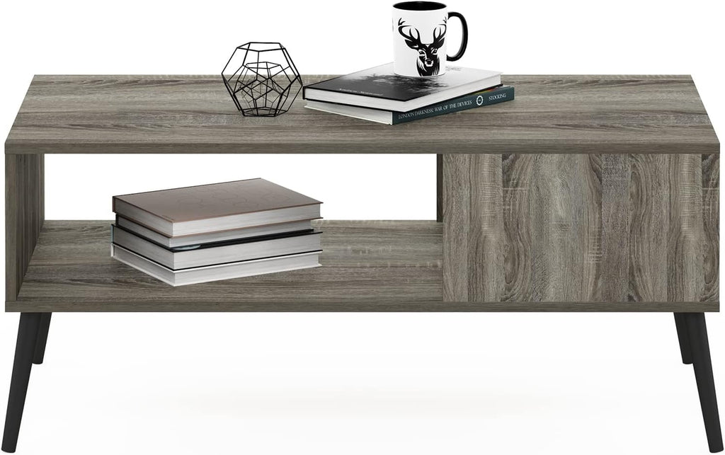 Furinno Claude Mid Century Style Coffee Table with Wood Legs, French Oak Grey Large Non-Lift Top