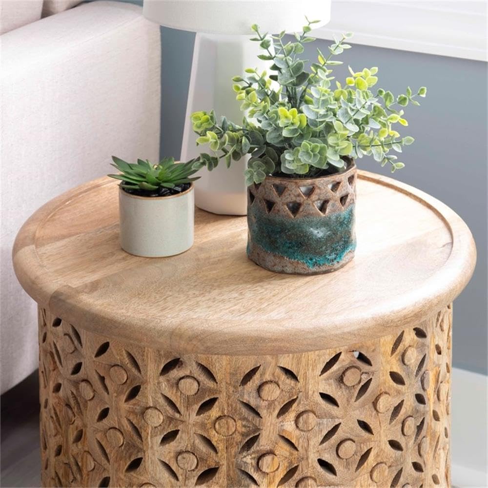 MAKLAINE Transitional Wood Hand Carved Side Table in Natural