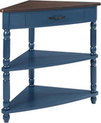 33.8'' Small Triangle Corner Table,3 Tier End Table with Open Shelf and Solid Wood Legs,Wood Corner Side Table with 1 Storage Drawer for Bedroom,Living Room,Small Spaces (Navy Blue-14)