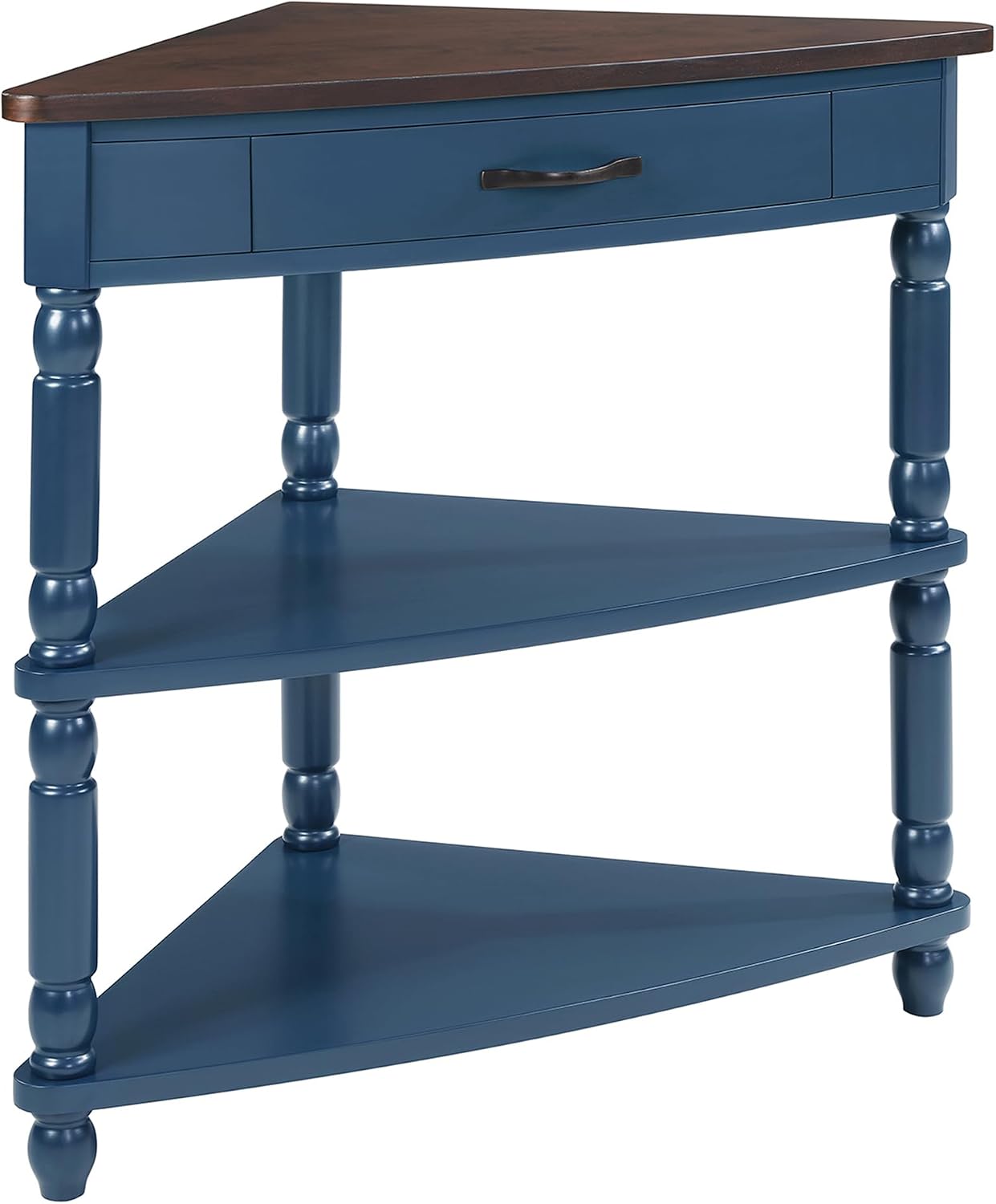 33.8'' Small Triangle Corner Table,3 Tier End Table with Open Shelf and Solid Wood Legs,Wood Corner Side Table with 1 Storage Drawer for Bedroom,Living Room,Small Spaces (Navy Blue-14)