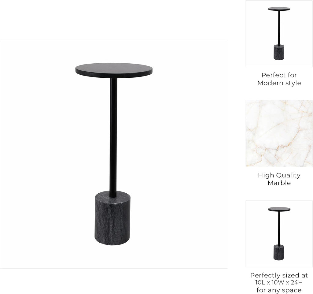 Home Decor End Table, Side Table, or Night Stand - Elegant Slim Metal Accent Table with Marble Top and Base for Bedroom or Living Room - Minimal Design Perfect for Big and Small Spaces - 24" Black