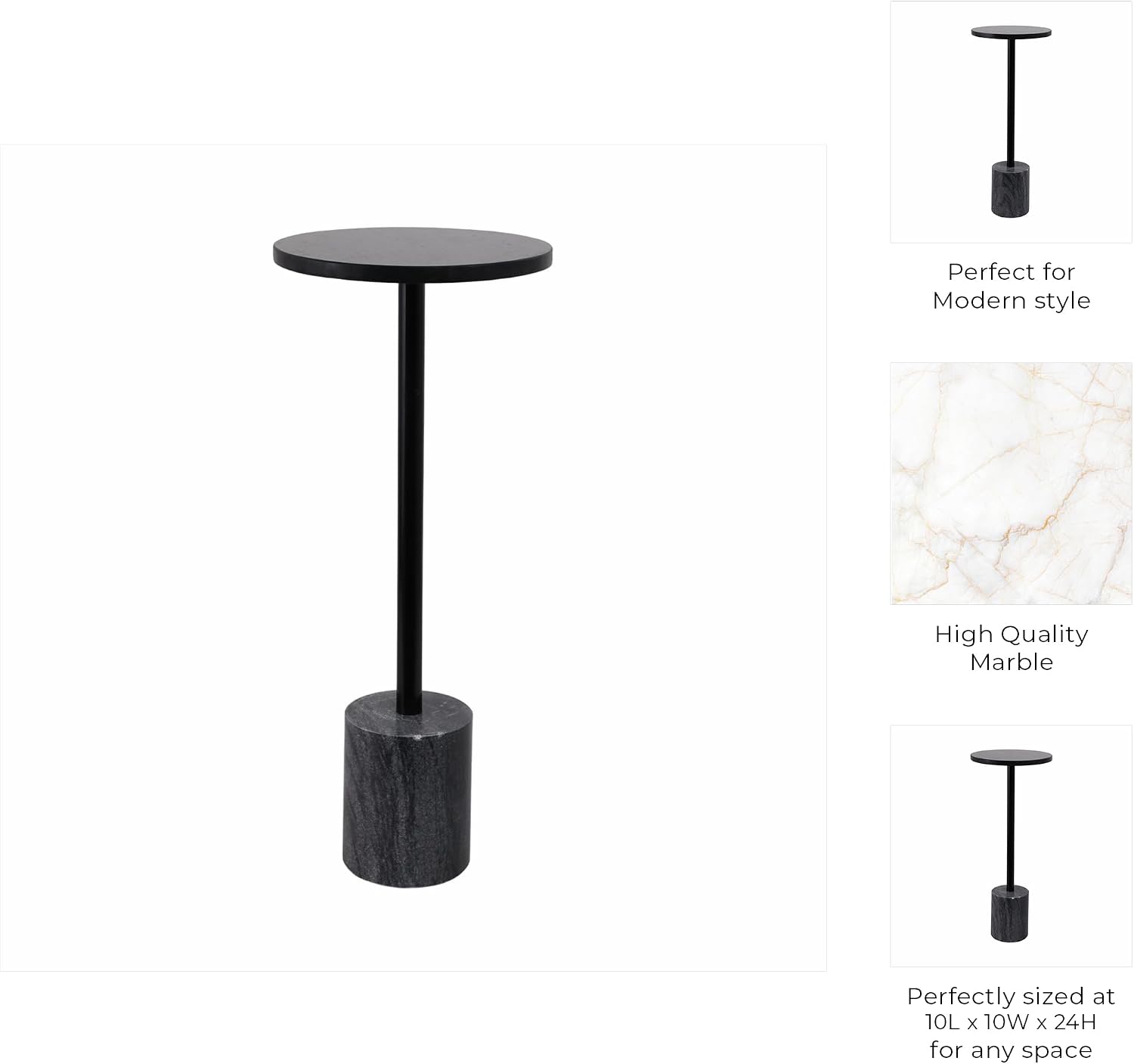 Home Decor End Table, Side Table, or Night Stand - Elegant Slim Metal Accent Table with Marble Top and Base for Bedroom or Living Room - Minimal Design Perfect for Big and Small Spaces - 24" Black
