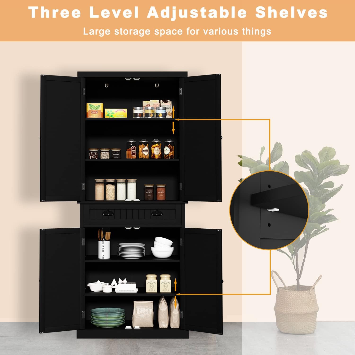 HLR 72" Kitchen Pantry Storage Cabinet, Freestanding Larder Cupboard with Doors and Adjustable Shelves, Pantry Cabinet for Dining Room, Living Room