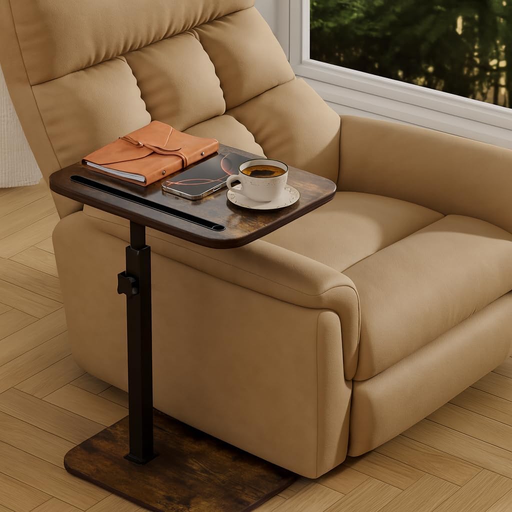 TV Tray Side Table for Couch - 360° Swivel Adjustable Height Rotating Sofa Table C Table End Table Laptop Desk with Phone & Tablet Slot, Perfect for Eating Working Reading, Fits Small Spaces