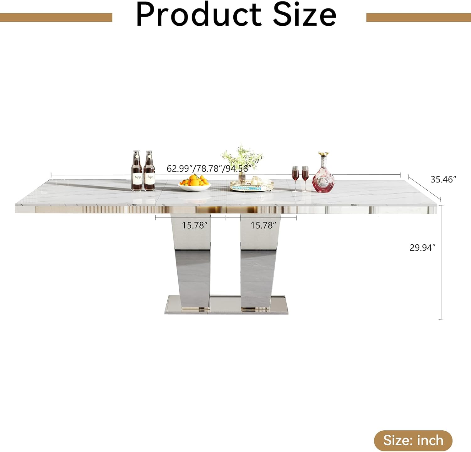 94.5“ Rectangular Dining Table for 6 8 10, Modern White Extendable Kitchen Table, Large Long Dining Room Table with Mirrored Pedestal for Dining Kitchen Living Room