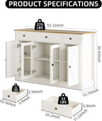 4 EVER WINNER 55" Large Buffet Cabinet with Storage, Coffee Bar Cabinet with 4 Doors and 3 Drawers, Kitchen Cabinet with Plexiglass Doors for Living Room, White