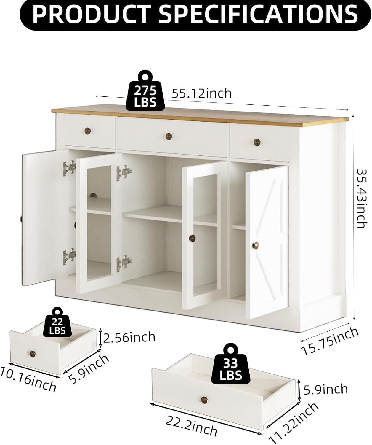 4 EVER WINNER 55" Large Buffet Cabinet with Storage, Coffee Bar Cabinet with 4 Doors and 3 Drawers, Kitchen Cabinet with Plexiglass Doors for Living Room, White