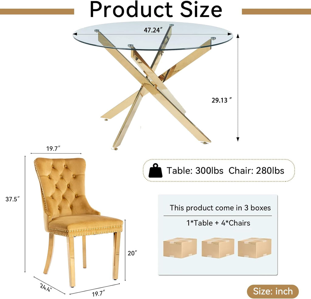 5 Piece Round Glass Dining Table Set for 4, 47" Round Dining Table & Chair Set Modern Circle Glass Kitchen Table and 4 Velvet Upholstered Chairs for Kitchen Dining (Gold Table & Gold Chair)