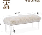 Modern White Faux Fur Ottoman Bench - Upholstered Furry Bench with Acrylic Legs for Bedroom, Living Room, Entryway, Vanity or Bed End