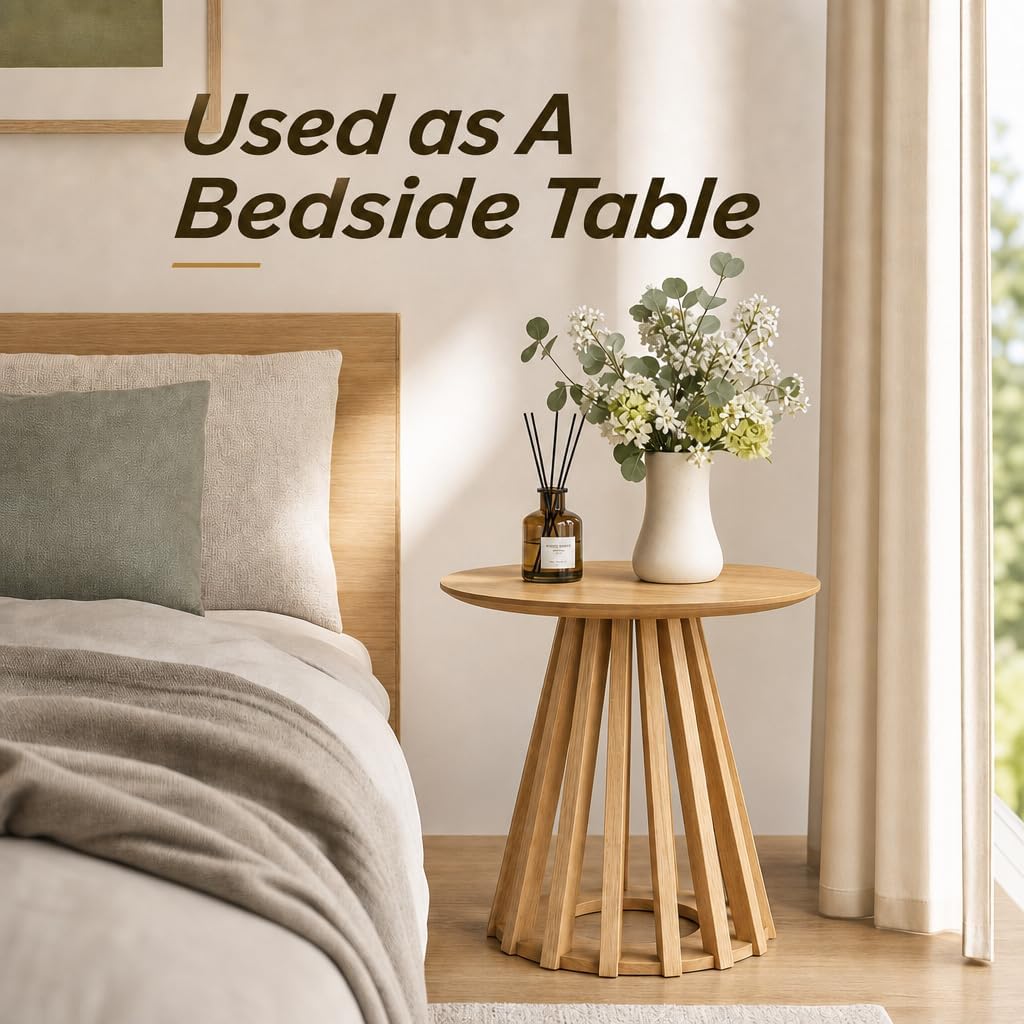 HNY Modern Round Fluted End Table, Wood Pedestal Side Table, Drum Accent Bedside Drink Tables for Living Room Bedroom Small Space Couch, Natural