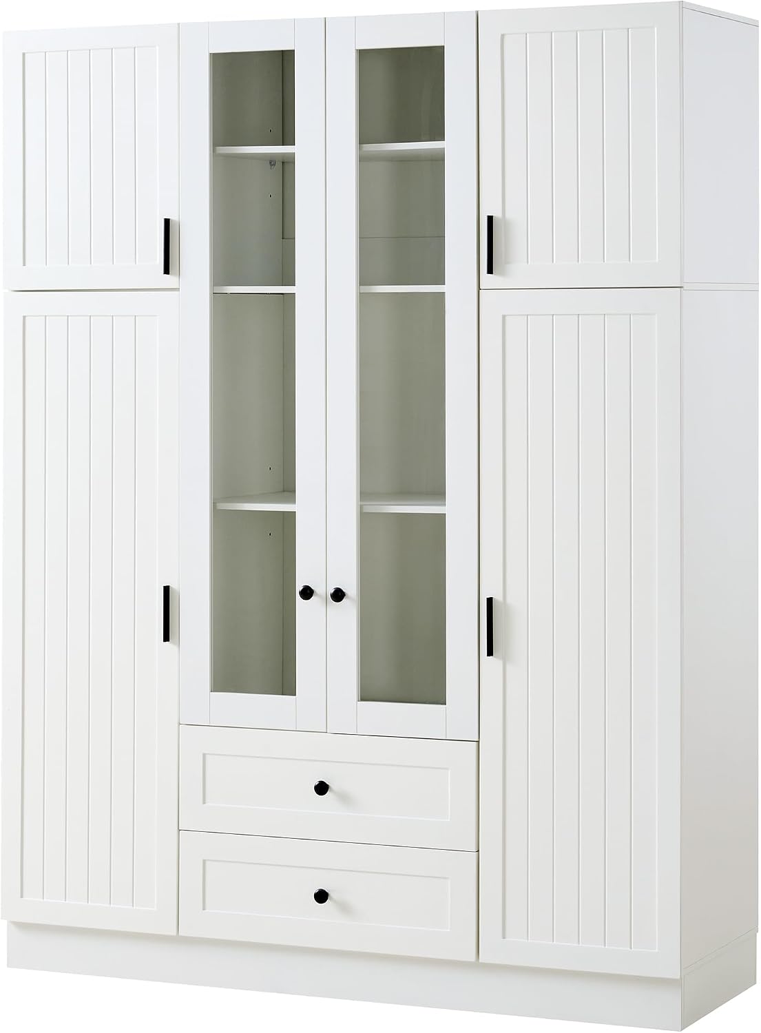 Kitchen Pantry with 6-Door, Drawers, Adjustable Shelves, Pull-Out, White | Spacious 53.2" freestanding sideboard with 6 doors, white finish, ideal for dining area, hallway, or living room display