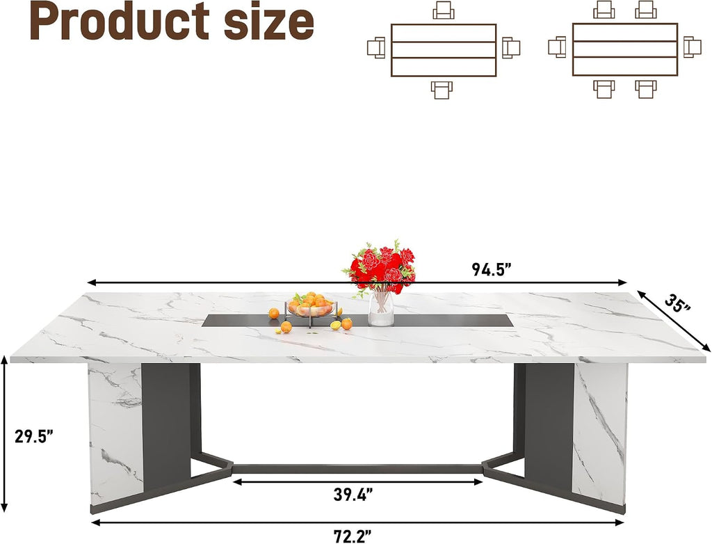 chartustriable Dining Table for 8-10 People,94" Large Modern Kitchen Table W/Built-in Table Runner Design,White&Black Industrial Rectangular Dinner Table,Waterproof Wood Table Sturdy Base,280lbs Load