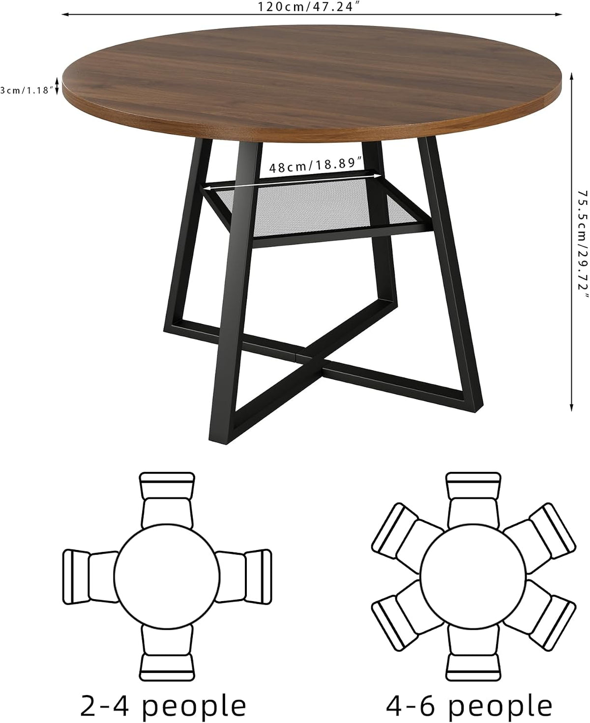 47 Inch Round Dining Table for 4-6, Space Saving Circle Kitchen Table with Storage, Mid Century Modern Dinner Table with Metal Legs, Wooden Farmhouse Dining Room Table for Living Room, Walnut