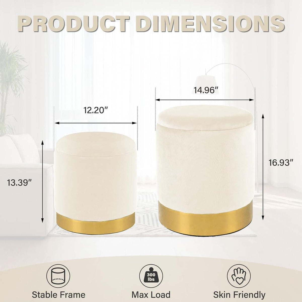 Round Ottoman with Storage Set of 2, Vanity Foot Stool with Storage, Nesting Upholstered Small Ottoman Foot Rest with Gold Plating Base for Room, Bedroom, Dorm, White Velvet Ottomans