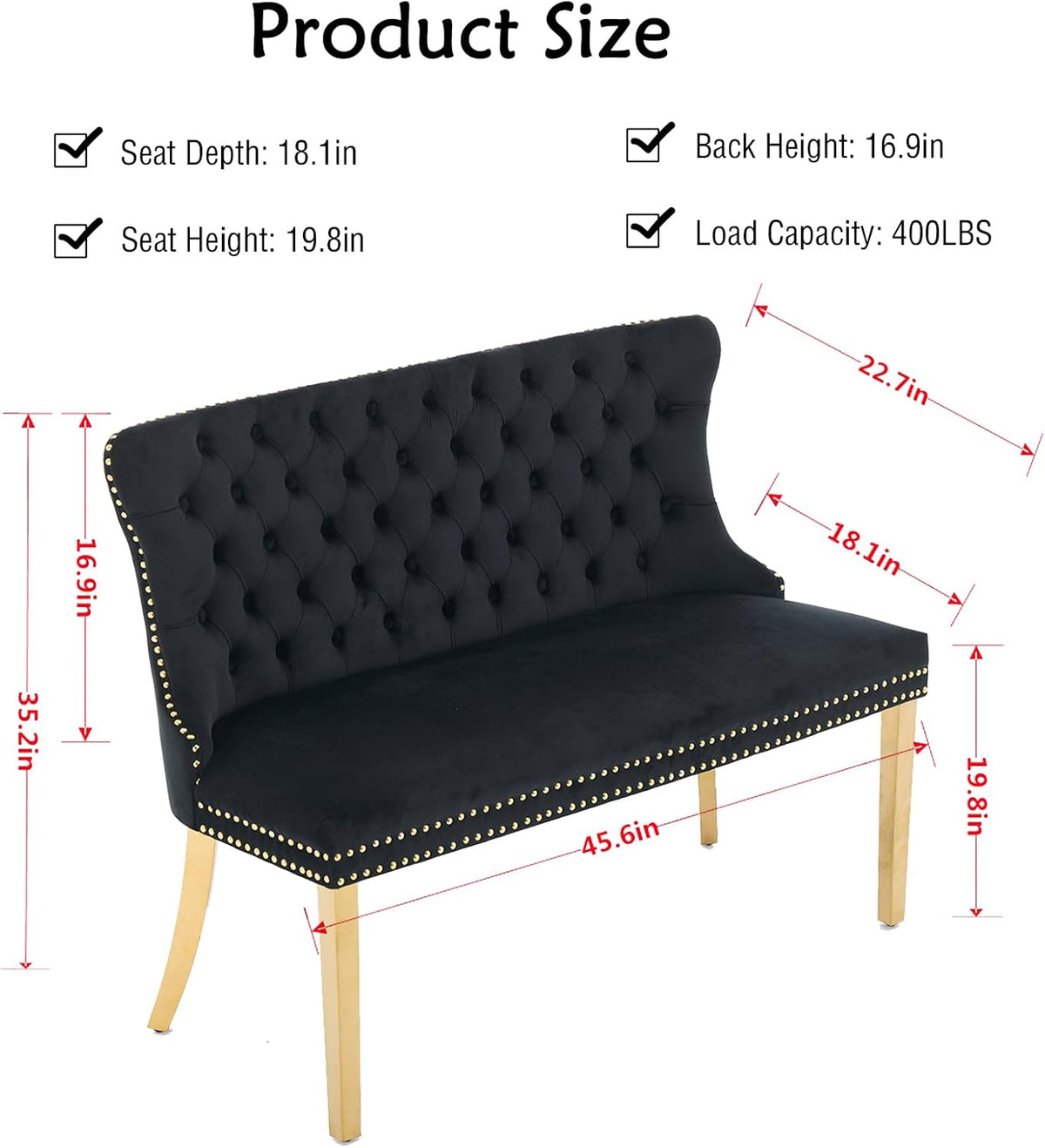 Henf Modern Tufted Velvet Dining Bench with Wing Back, 2-Seat, Nailhead Trim, Sturdy Stainless Steel Legs, Entryway Bench Small Upholstered Loveseat Sofa, 45.6''W x 22.7''D x 35.2''H (Black&Gold)