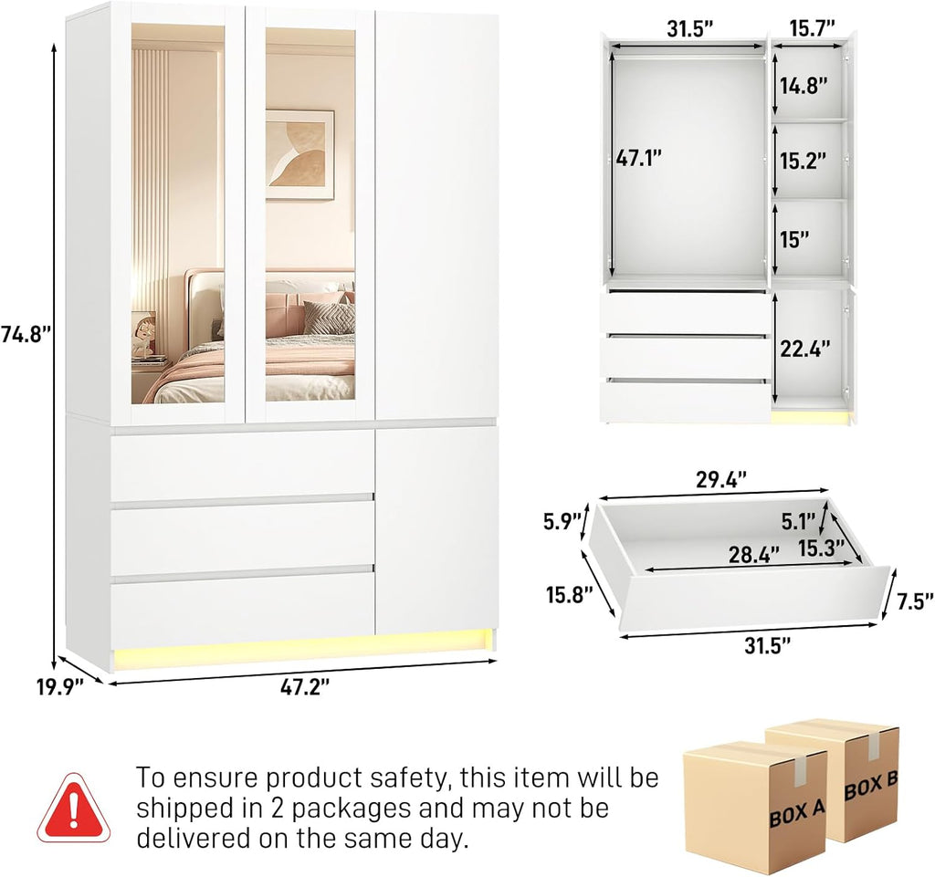 75"H Tall Modern 3 Doors Wooden Armoire Wardrobe Closet with 3 Drawers & 2 Mirror,Clothing Storage Cabinet with Hanging Rod,Bedroom Large Freestanding Armoires with Led Lights for Bedroom,White