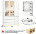 75"H Tall Modern 3 Doors Wooden Armoire Wardrobe Closet with 3 Drawers & 2 Mirror,Clothing Storage Cabinet with Hanging Rod,Bedroom Large Freestanding Armoires with Led Lights for Bedroom,White