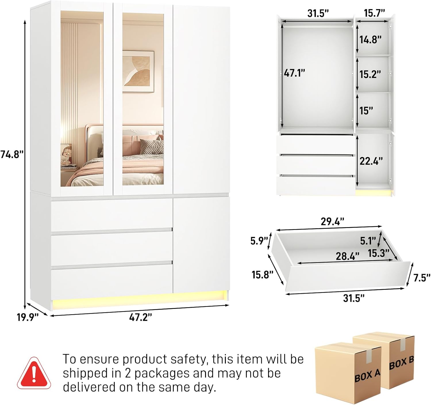 75"H Tall Modern 3 Doors Wooden Armoire Wardrobe Closet with 3 Drawers & 2 Mirror,Clothing Storage Cabinet with Hanging Rod,Bedroom Large Freestanding Armoires with Led Lights for Bedroom,White