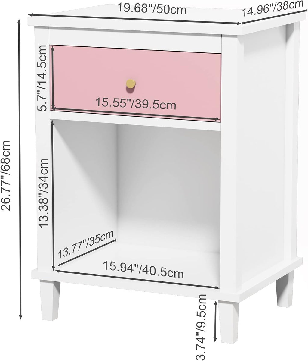 26.77''H Wooden Nightstand with One Drawer One Shelf, Pink ﻿,for Small Spaces