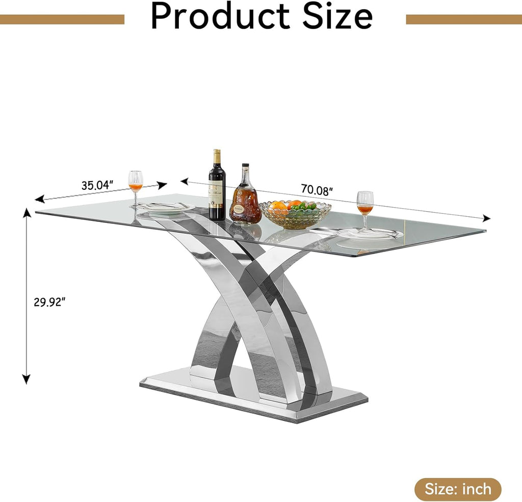 70'' Modern Glass Dining Table for 4-8 People, High Gloss Stainless Steel Base, Rectangular Glass Dining Room Table for 6, Tempered Glass Top Silver Kitchen Table for Home Kitchen Furniture