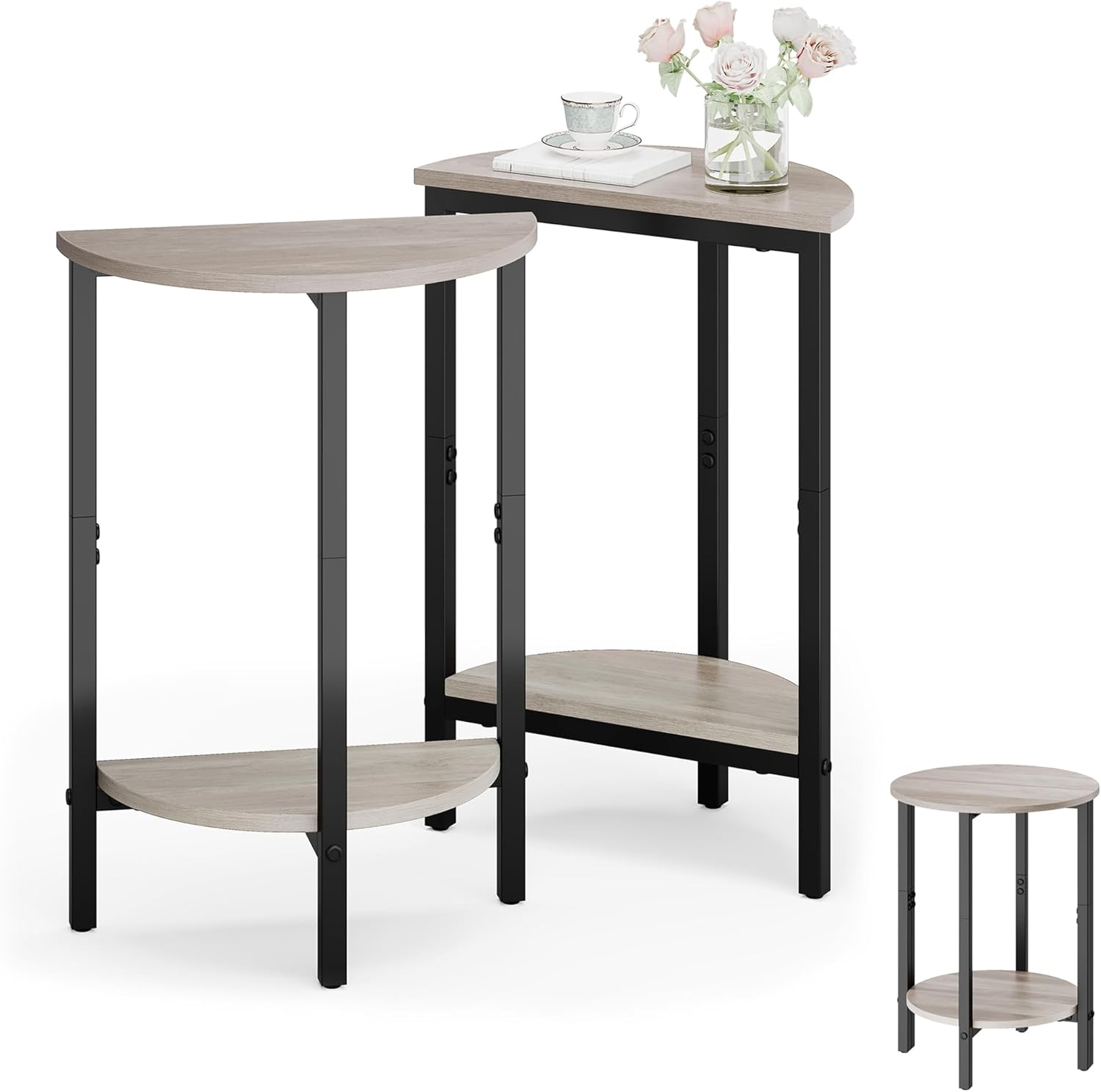 Vagusicc Side Tables Small End Tables, Set of 2 Half Round Side Table for Living Room, 2 Tier Couch Side Table, Small Round Coffee Table Accent Table, Thin Sofa Table Narrow Entryway Table, Grey
