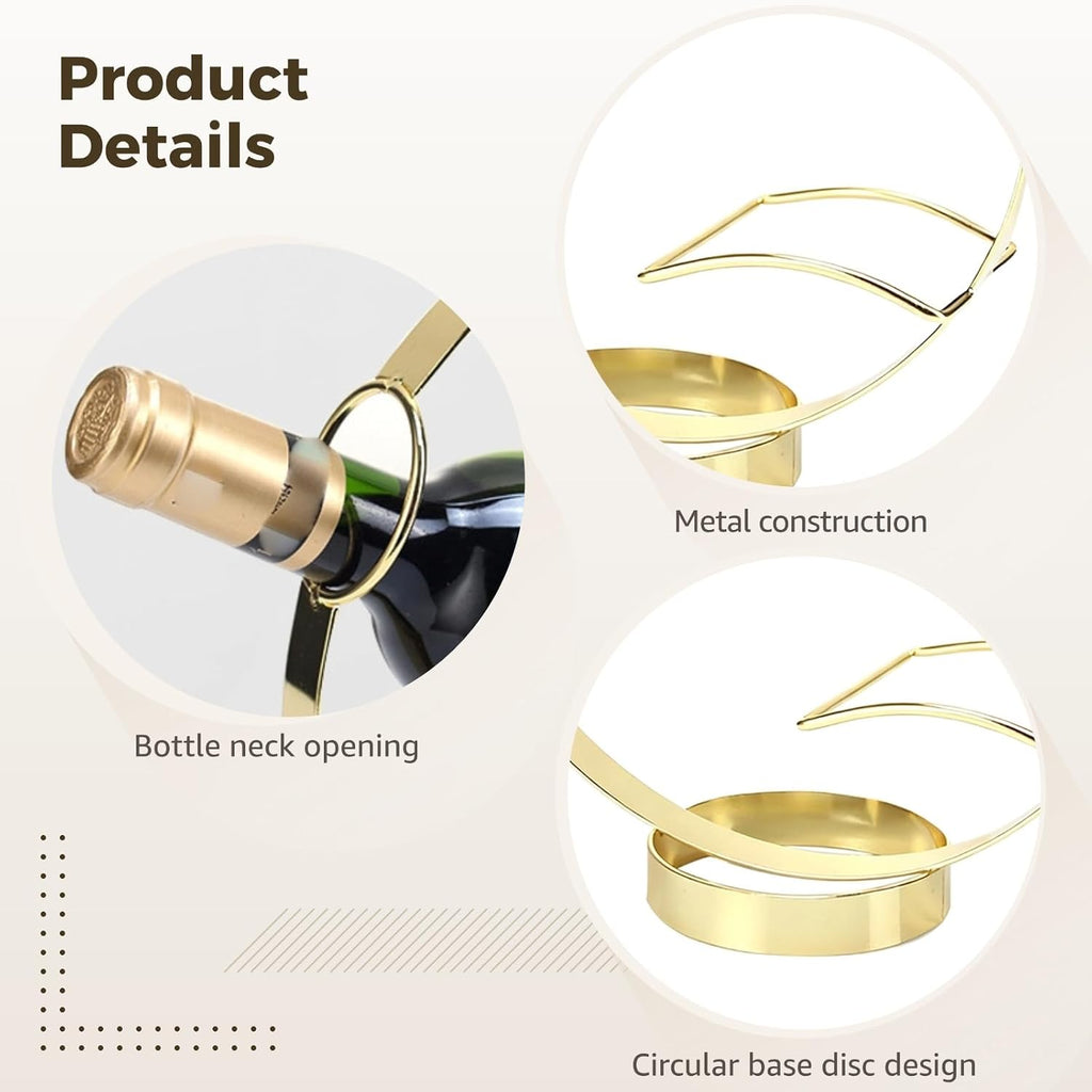 Metal Tabletop Wine Rack, Freestanding Decorative Wine Bottle Holder with Circle Design, Gold Wine Rack Countertop Wine Bottle Stand, 10.4 x 9.6 x 3.7 in