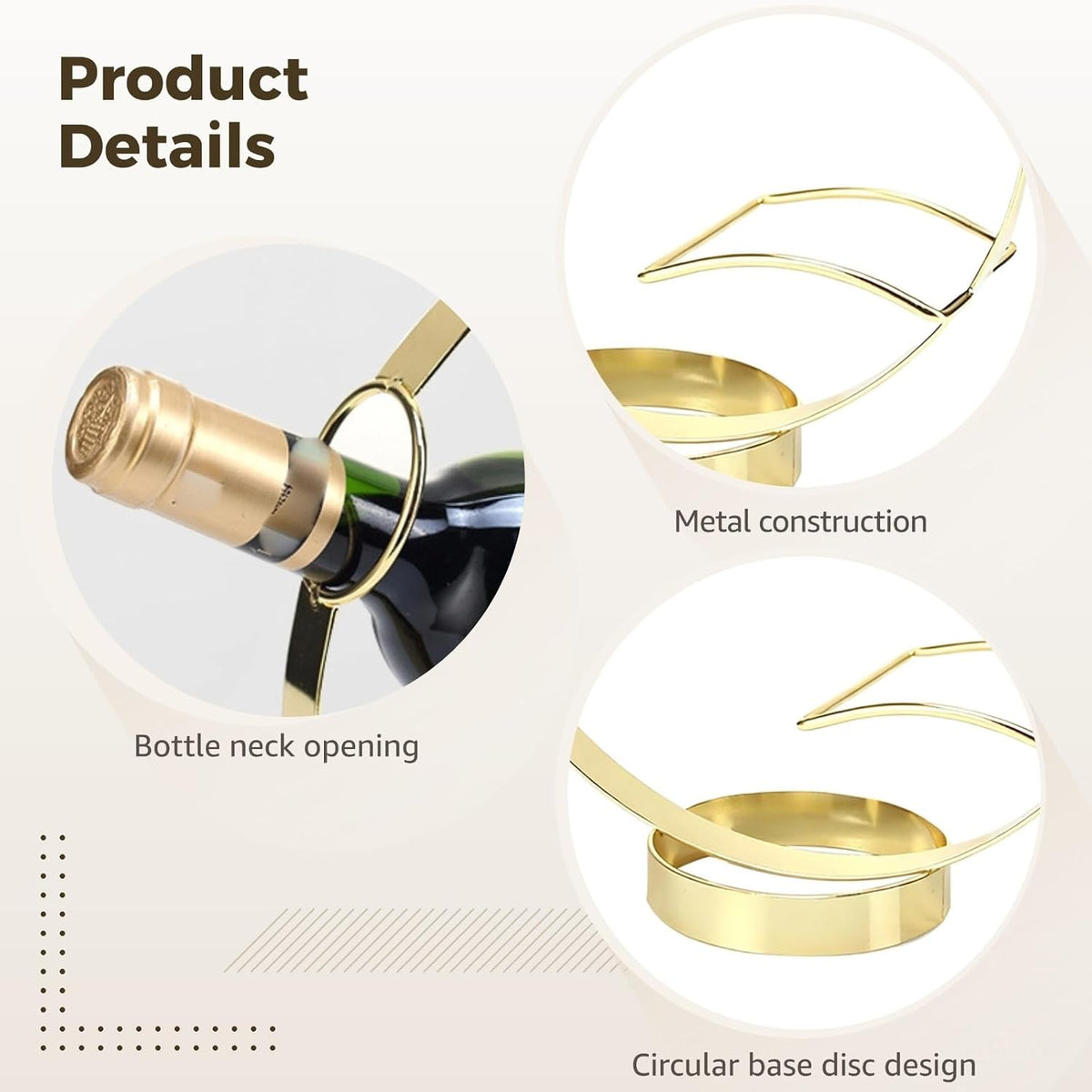 Metal Tabletop Wine Rack, Freestanding Decorative Wine Bottle Holder with Circle Design, Gold Wine Rack Countertop Wine Bottle Stand, 10.4 x 9.6 x 3.7 in