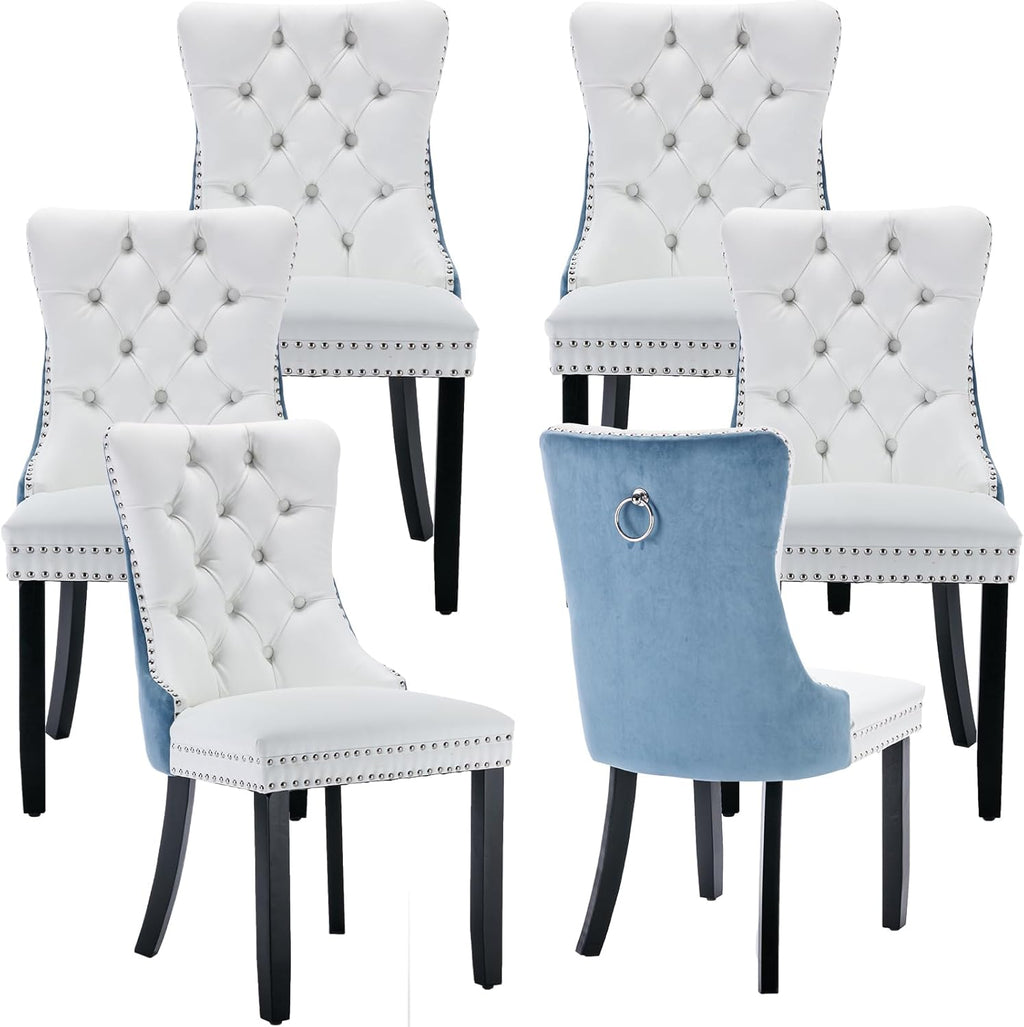 Modern Dining Chairs Set of 6, Tufted Upholstered Dining Room Chairs with Nailhead, PU Leather Front & Velvet Back, Solid Wood Legs, Kitchen Chairs, Sillas de Comedor (White & Light Blue)