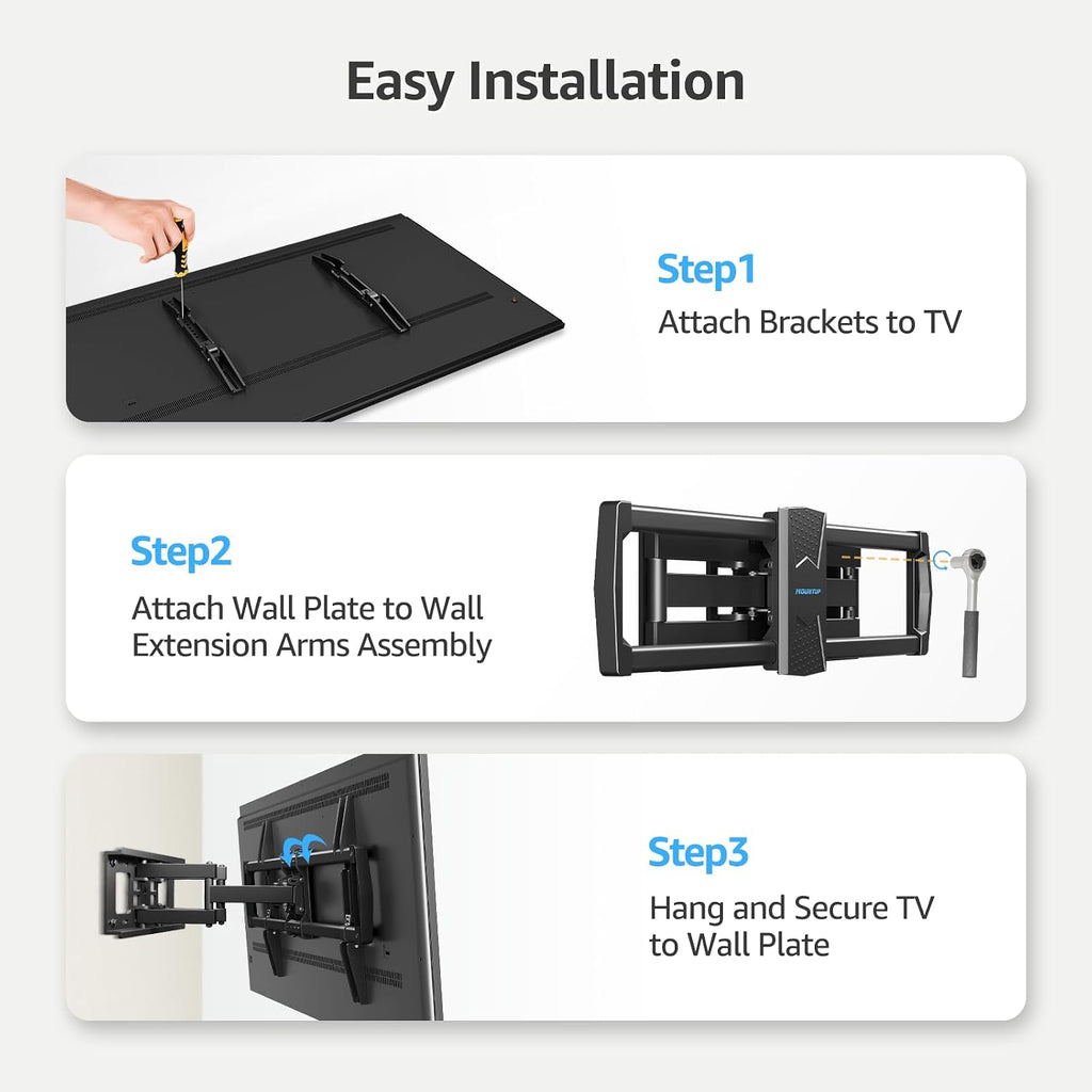 MOUNTUP Full Motion TV Wall Mount for 42-82'' TV, Holds 100lbs Fit 16" Stud | Full-motion TV mount tilts up 5° and down 10° for anti-glare, swivels ±45°, extends 15.7" and retracts 3" for space-saving
