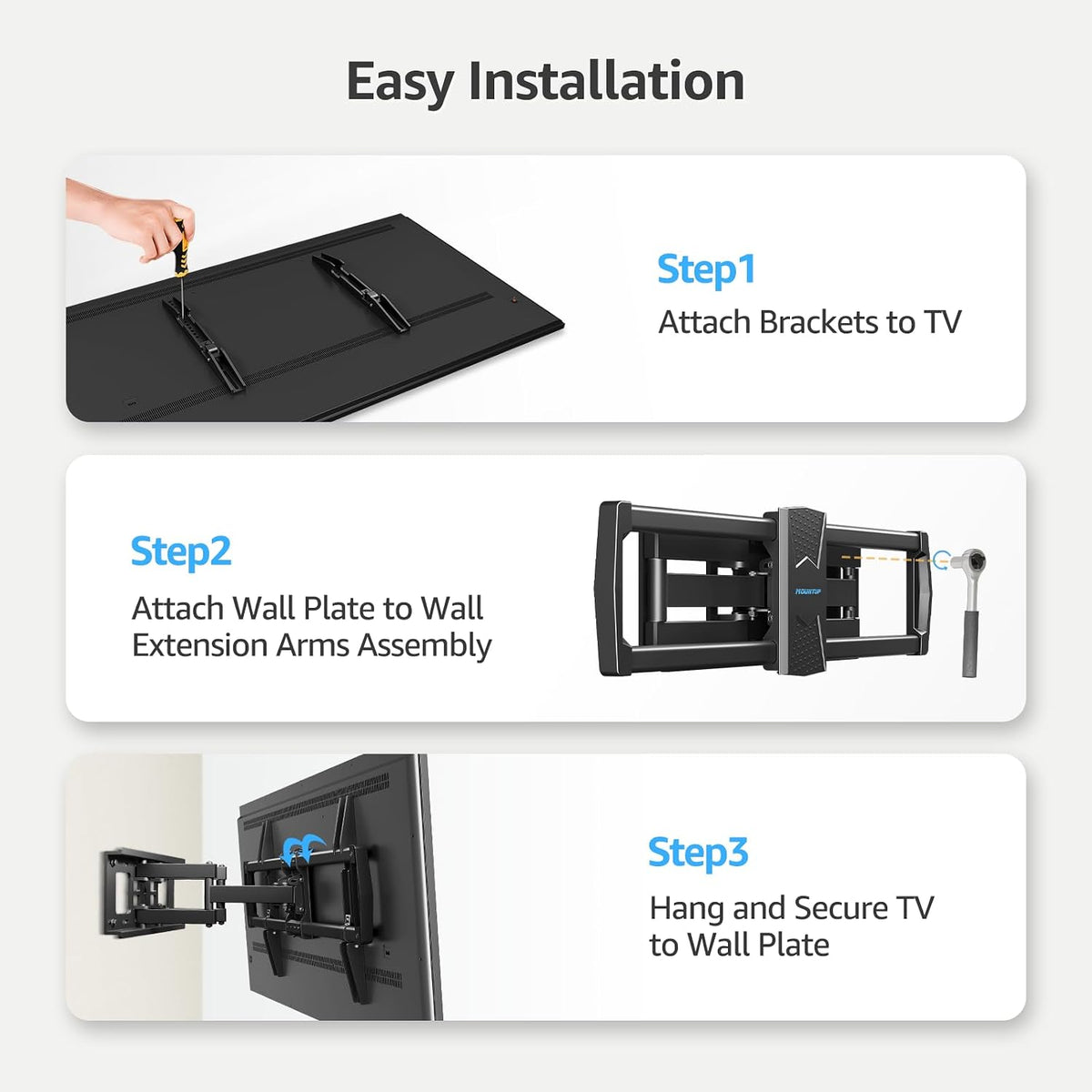 MOUNTUP Full Motion TV Wall Mount for 42-82'' TV, Holds 100lbs Fit 16" Stud | Full-motion TV mount tilts up 5° and down 10° for anti-glare, swivels ±45°, extends 15.7" and retracts 3" for space-saving