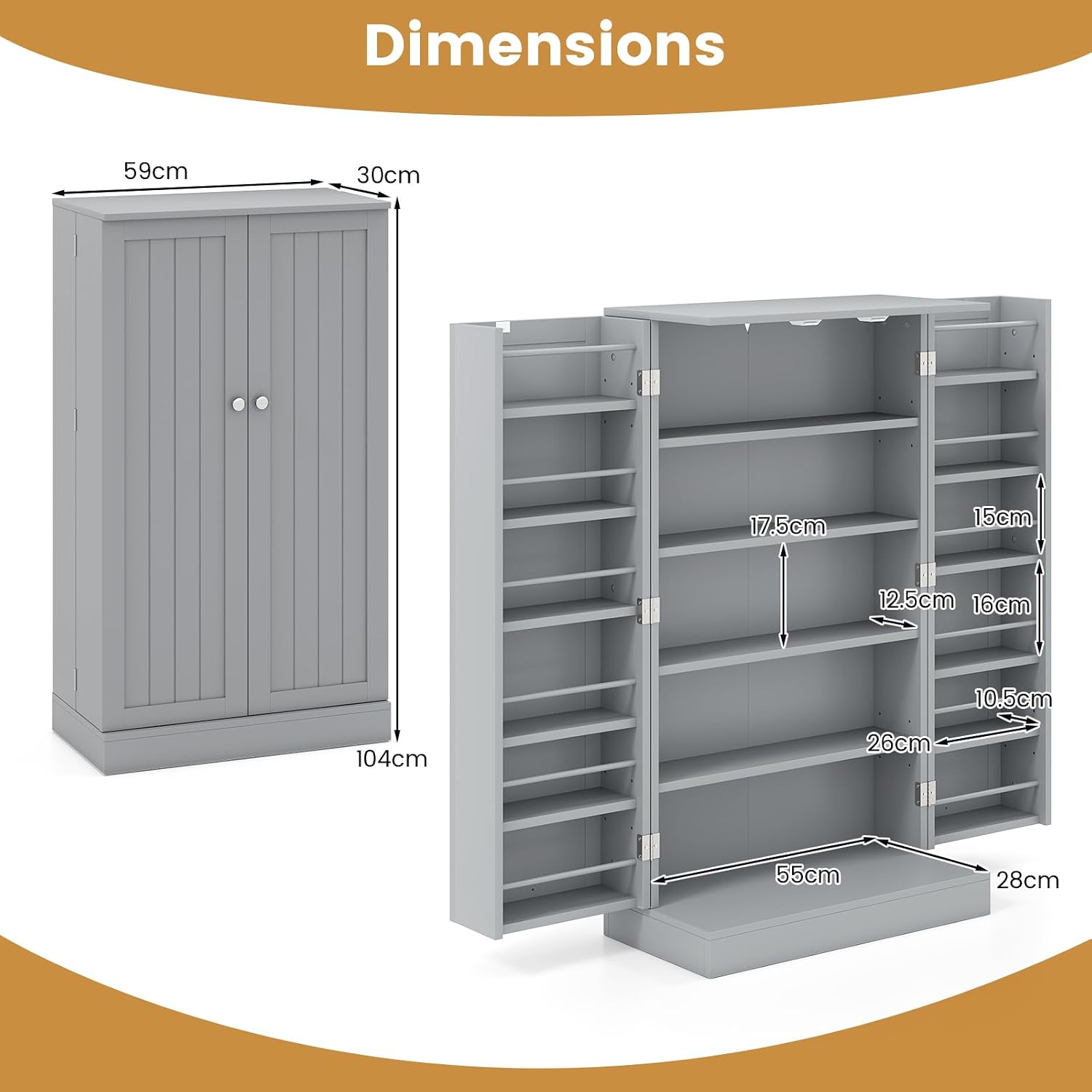 TANGZON 41"/47" Kitchen Cupboard, Kitchen Pantry Cabinet with Doors & Adjustable Shelves, Space Saving Larder Storage Cupboard Organiser for Dining Room Living Room Entryway (60 x 30 x 104cm, Grey)