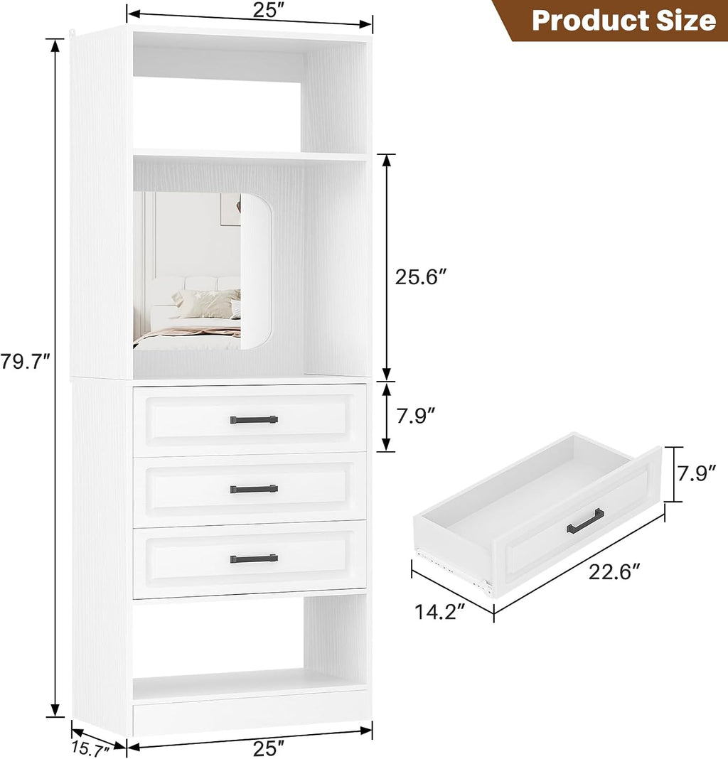 Unikito 25" Closet System with 3 Drawers and Mirror, Wardrobe, White | Freestanding storage shelves organizer, sturdy wood walk-in closet systems for small closets, 25" W x 16" D x 80" H.