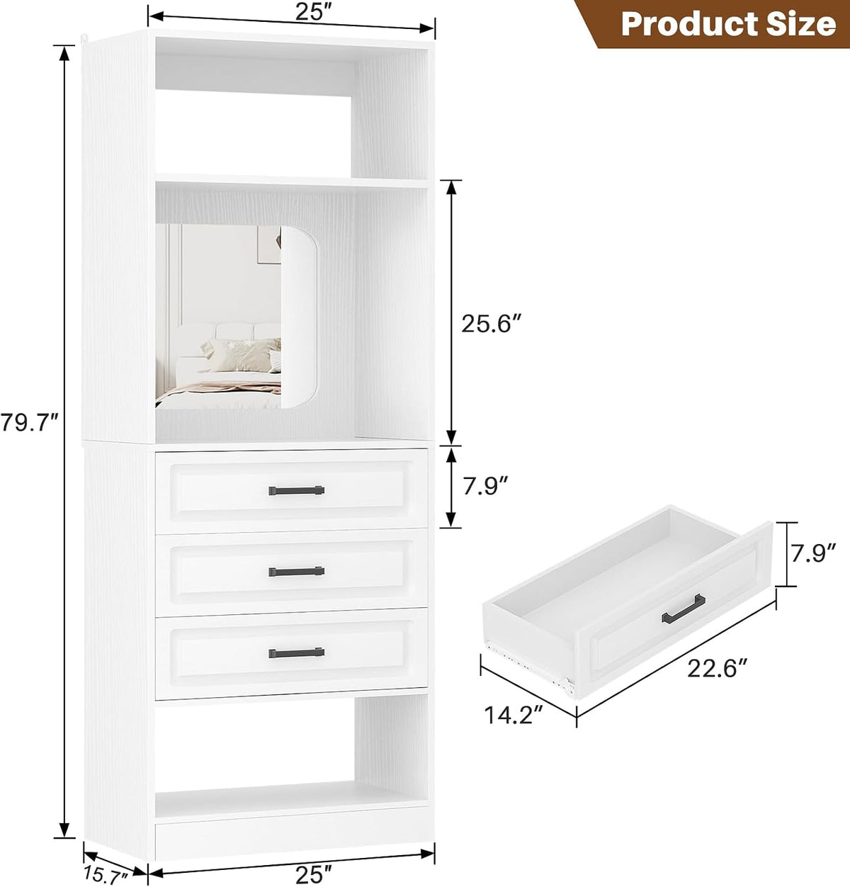 Unikito 25" Closet System with 3 Drawers and Mirror, Wardrobe, White | Freestanding storage shelves organizer, sturdy wood walk-in closet systems for small closets, 25" W x 16" D x 80" H.
