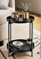 Foldable 2-Tier Round Side Table, Metal End Table with Storage for Indoor Outdoor Use, Small Coffee Table for Living Room, Bedroom, Patio, Black